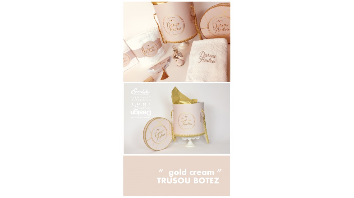 Trusou de botez pentru baieti cu broderie eleganta personalizata, Gold Cream 8